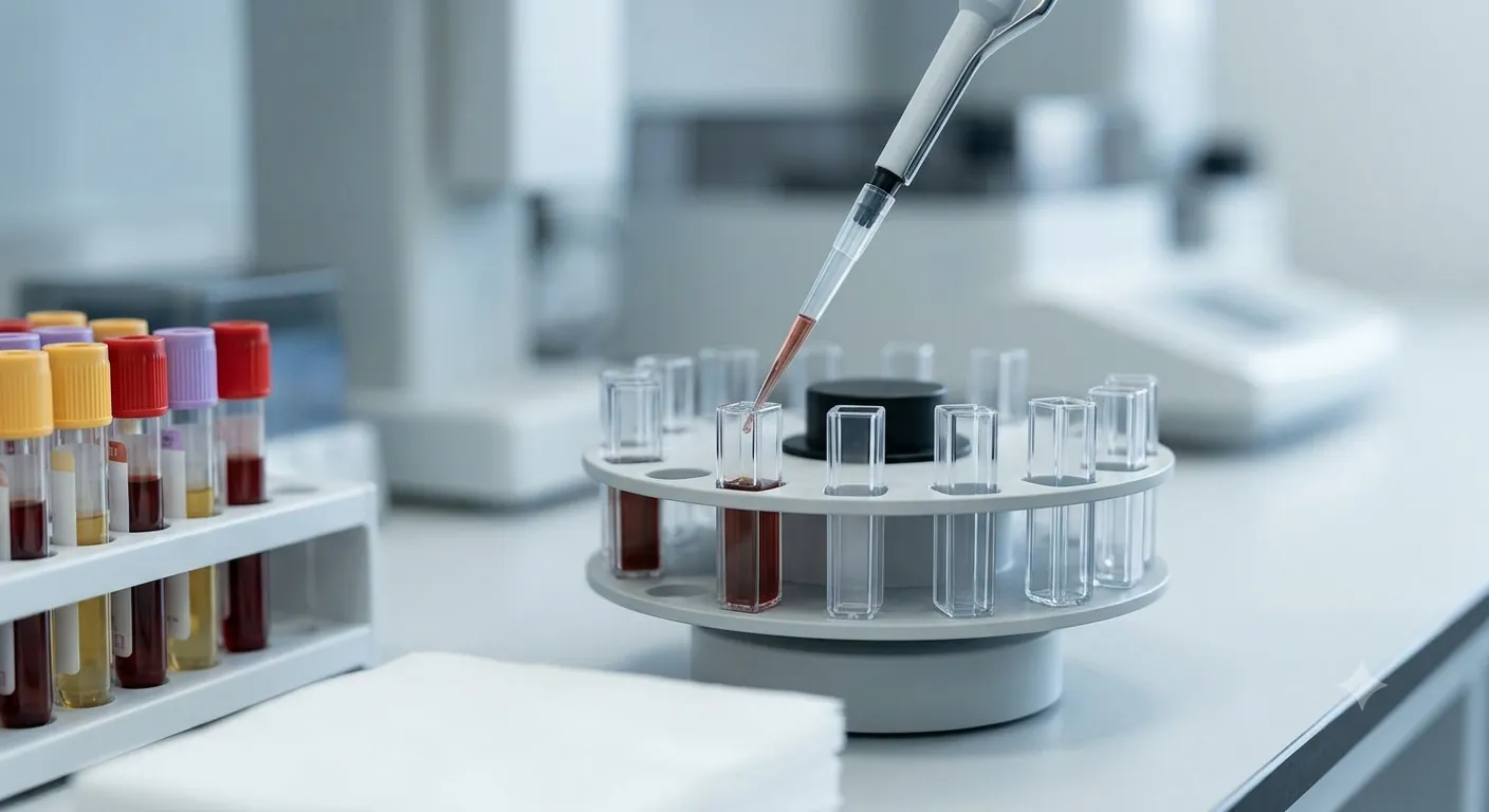 Une pipette transfère un échantillon de sang dans une fiole, sur la paillasse d'un laboratoire d'analyses.